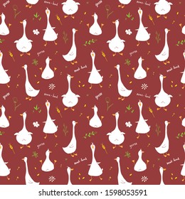 Cute Goose Seamless Pattern, Cartoon Hand Drawn Goose Doodles Vector Background Illustration .