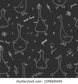Cute Goose Seamless Pattern, Cartoon Hand Drawn Goose Doodles Vector Background Illustration .