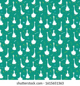 Cute Goose Seamless Pattern, Cartoon Hand Drawn Goose Doodles Vector Background Illustration .