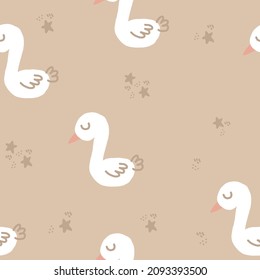 süßes Gänsenahtloses Muster, handgezeichnet. Vektor, trendige Farben 2022. Verpackungspapier, Textilien, Hintergrund, Tapete. Kinder Clipkunst, Tiere, Vögel