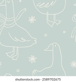 Cute goose seamless pattern illustration. Adorable farm bird, cottagecore line art style, funny character. Childish print, kids textile, nursery decor. Hand drawn vector doodle, blue background