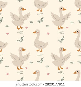 Cute Goose Seamless Pattern Illustration with White Duck Flapping Wings Standing Character, Minimalist Kawaii Cozy Animal Background, Kids Nursery, Repeatable Wallpaper Design