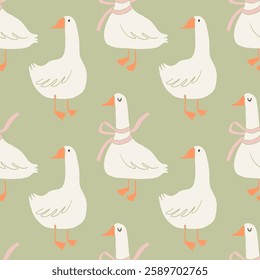 Cute goose seamless patterns illustration. Adorable farm bird, cottagecore style, funny character. Childish print, kids textile and nursery decor. Hand drawn vector cartoon flat green background