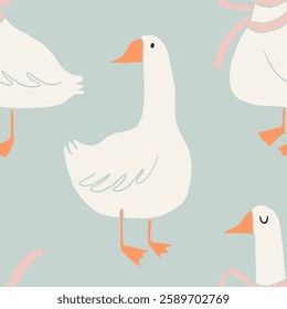 Cute goose seamless patterns illustration. Adorable farm bird, cottagecore style, funny character. Childish print, kids textile and nursery decor. Hand drawn vector cartoon flat blue background