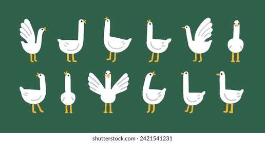 Cute goose set. Funny geese, adorable farm birds. Feathered winged animals, comic amusing fauna in simple childs style. Isolated kids childish nursery flat vector illustrations