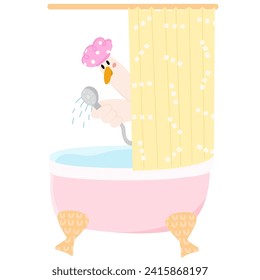 Cute goose in shower cap take a shower.  Wash your worries away. Used for greeting card, and poster design.