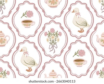 Ganso bonito e bule com flor em pastel padrão sem emenda. Projeto de coquette desenhado à mão com objetos florais vintage. Ótimo para têxteis e papel de parede. Perfeito para roupa de cama e decoração infantil.