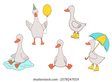 Cute goose with umbrella, boots, balloon, hand drawn illustrations set for kids