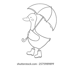 Cute goose with umbrella, boots, line art, hand drawn illustration for coloring book or page