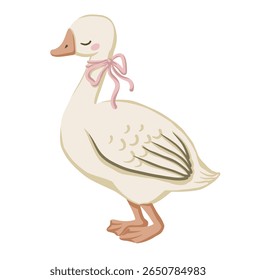 Cute goose vector character with pink bow in flat cartoon style. Hand drawn white bird with simple design perfect for nursery print book illustration and web. Ideal for child and baby concept art.