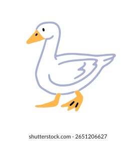 Cute goose walks on ranch. Funny duck strolls on farmland. Adorable country bird, poultry, fowl. Homestead animal, farm birdie, livestock. Flat isolated vector illustration on white background