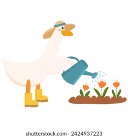 Cute goose with a watering can in his hand watering flowers. Springtime. Hello Spring. Used for greeting card, and poster design.