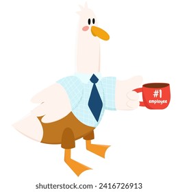 Cute goose wear shirt and tie,and hold a cup of c  Coffee time. Used for greeting card, and poster design.