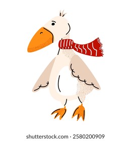 Cute goose wearing a red scarf. For greeting cards, children s books, stickers, posters, and seasonal design. Vector illustration