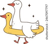 Cute Goose Wearing Rubber Duck Ring - Hand-drawn Whimsical Cartoon Illustration for Crafts, Printables, and Decorations
