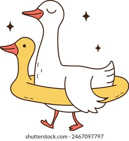 Cute Goose Wearing Rubber Duck Ring - Hand-drawn Whimsical Cartoon Illustration for Crafts, Printables, and Decorations