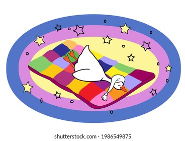 A cute goose in a white cap sleeps on a multi-colored soft blanket soaring in the starry sky