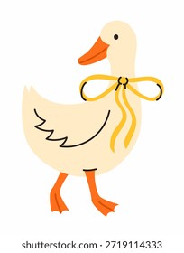 Süße Gans mit gelber Schleife. Flache Vektorgrafik.