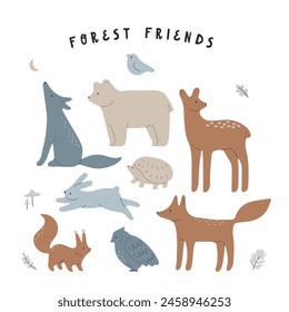 Cute gorest animals. Isolated vector illustration. Scandinavian style, minimalistic wall print design, kids book cipart.