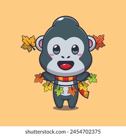 Cute gorilla with autumn leaf decoration. Mascot cartoon vector illustration suitable for poster, brochure, web, mascot, sticker, logo and icon.