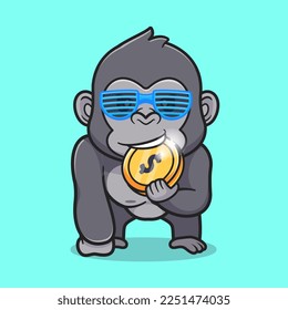 Cute Gorilla Bite Gold Coin Cartoon Vector Icon Illustration. Animal Finance Icon Concept Isolated Premium Vector. Flat Cartoon Style