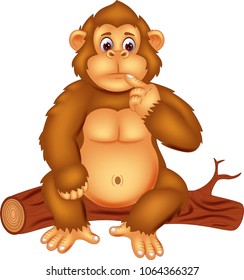 cute gorilla cartoon sitting on trunk with smile