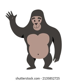 Cute gorilla character smiling and waving hello, vector illustration isolated on white background, good as graphic print or sticker