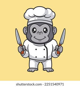 Cute Gorilla Chef Holding Knife Cartoon Vector Icon Illustration. Animal Food Icon Concept Isolated Premium Vector. Flat Cartoon Style