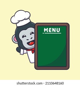 cute gorilla chef mascot cartoon character with menu board