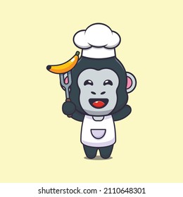 cute gorilla chef mascot cartoon character with banana