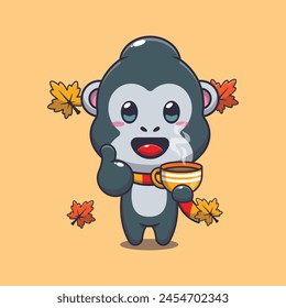Cute gorilla with coffee in autumn season. Mascot cartoon vector illustration suitable for poster, brochure, web, mascot, sticker, logo and icon.