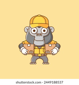 Cute gorilla courier package delivery animal chibi character mascot icon flat line art style illustration concept cartoon set