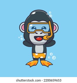 Cute gorilla diving cartoon mascot character illustration.