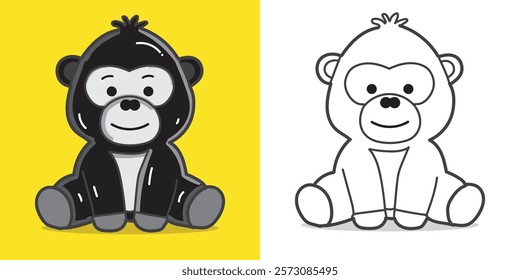 A cute gorilla doll cartoon illustration for sticker, design element, or coloring book element