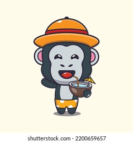 Cute gorilla drink coconut cartoon illustration.