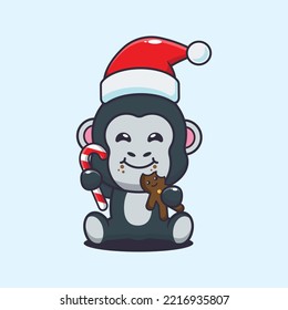 Cute gorilla eating christmas cookies and candy. Cute christmas cartoon illustration. 