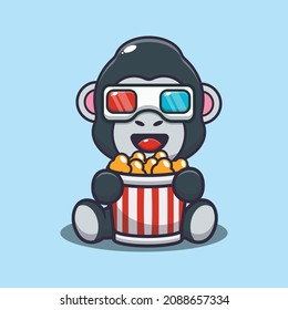 Cute gorilla eating popcorn and watch 3d movie. Cute cartoon animal vector. Vector isolated, flat illustration for poster, brochure, web, mascot, sticker, logo and icon.