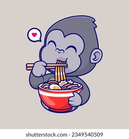 Gorila Cuta Comiendo Ilustración Icono Vector De Caricatura De Ramen. Vector Premium Aislado De Icono De Alimentos Animales. Estilo de dibujo plano