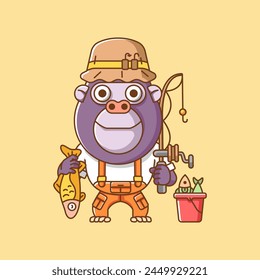 Cute gorilla fisher fishing animal chibi character mascot icon flat line art style illustration concept cartoon