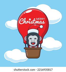 Cute gorilla fly with air balloon. Cute christmas cartoon illustration. 