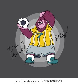 Cute gorilla football player in sports uniform hesitates to play. Motivational bright sports poster, banner, template for teenage, college football teams. Do not think! Play! Vector.