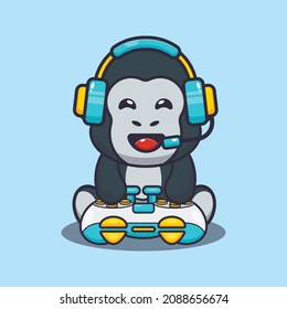 Cute gorilla gamer. Cute cartoon animal vector. Vector isolated, flat illustration for poster, brochure, web, mascot, sticker, logo and icon.
