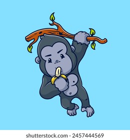 Cute Gorilla Hanging On Branch Cartoon Vector Icons Illustration. Flat Cartoon Concept. Suitable for any creative project.