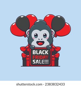 cute gorilla happy in black friday sale cartoon vector illustration