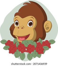 Cute gorilla head cartoon with flowers