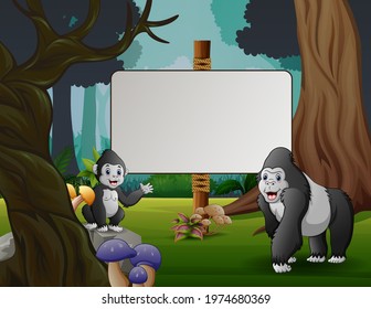Cute a gorilla with her cub standing near the blank sign