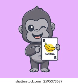 Cute Gorilla Holding Banana Card Game Cartoon Vector Icon Illustration. Animal Holiday Icon Concept Isolated Premium Vector. Flat Cartoon Style