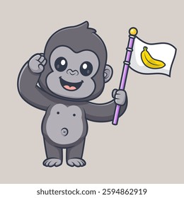 Cute Gorilla Holding Banana Flag Cartoon Vector Icon Illustration. Animal Food Icon Concept Isolated Premium Vector. Flat Cartoon Style