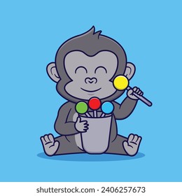 Cute Gorilla Holding A Bucket Of Candy Vector Illustration