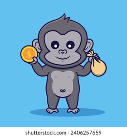Cute Gorilla Holding Coin And Bag Vector Illustration svg